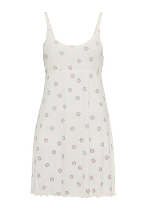 Abito bianco senza maniche con spalline sottili, piccolo motivo floreale arancione e viola, trama a coste e orlo smerlato.