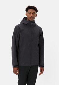 Black waterproof jacket with a hood, featuring a front zip, zippered chest pocket, and textured fabric for durability and comfort.