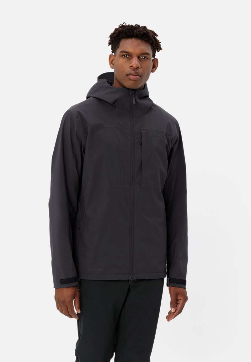 Black waterproof jacket with a hood, featuring a front zip, zippered chest pocket, and textured fabric for durability and comfort.