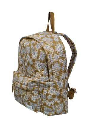 Gestepptes Stoff-Rucksack in goldbraun mit blauem Blumenmuster, eine Fronttasche, obere Handgriff und gepolsterte Schultergurte.