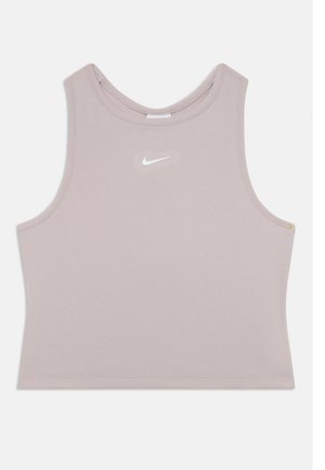 Nike-Cropped-Top in helllila, aus geripptem Stoff. Mit rundem Halsausschnitt und einem weißen Logo auf der Brust. Glatte Textur.