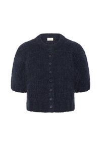 Cardigan scurt cu mânecă, de culoare bleu închis, din tricot, material texturat, guler rotund, închidere frontală cu nasturi închisi la culoare.