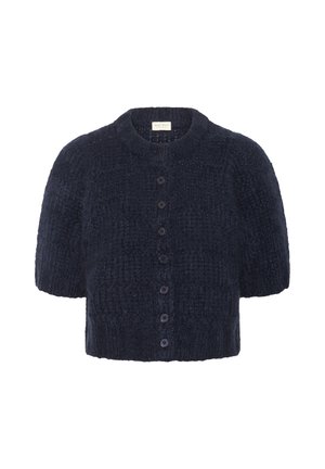 Kurzer blauer gestrickter Cardigan mit kurzen Ärmeln, texturiertem Stoff, rundem Ausschnitt und vorderer Knopfverschluss mit dunklen Knöpfen.