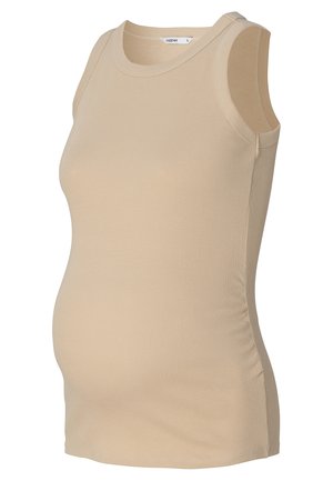 Top in riga beige con design aderente, senza maniche e lati senza cuciture, adatto per l'abbigliamento premaman.