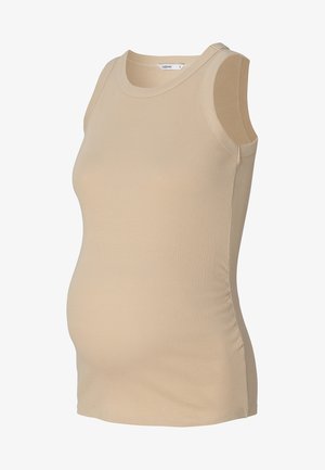 Beige ribbet tanktop med en tætsiddende design, ærmeløs skæring og sømløse sider, egnet til graviditetstøj.