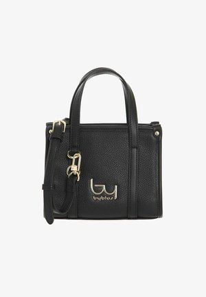 Borsa a mano in pelle nera con texture, dotata di due manici, tracolla regolabile e logo "byblos" dorato sulla parte anteriore.