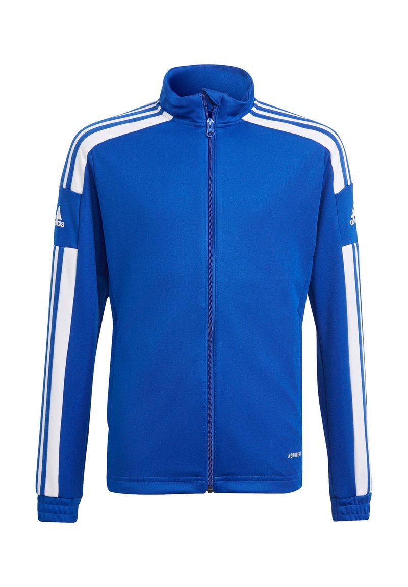 Blue athletic jacket with white stripes on shoulders and sleeves, high collar, full zip front, and ribbed cuffs. Made of soft, smooth fabric.