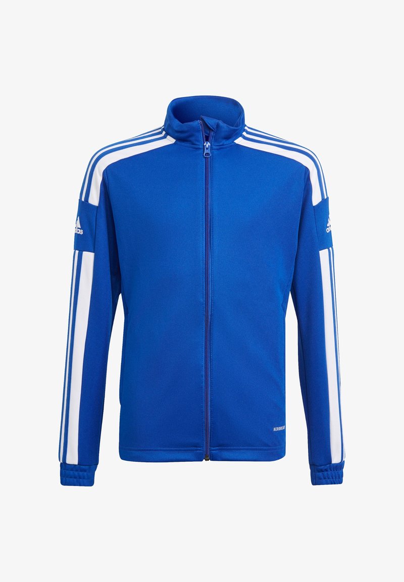 Blue athletic jacket with white stripes on shoulders and sleeves, high collar, full zip front, and ribbed cuffs. Made of soft, smooth fabric.