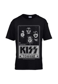 Camiseta de algodón negra con un gráfico de concierto vintage de la banda KISS, con cuatro rostros estilizados y letras en negrita.