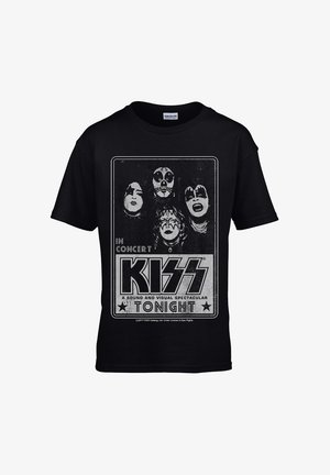 Camiseta de algodón negra con un gráfico de concierto vintage de la banda KISS, con cuatro rostros estilizados y letras en negrita.