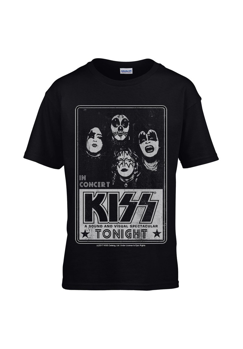 Camiseta de algodón negra con un gráfico de concierto vintage de la banda KISS, con cuatro rostros estilizados y letras en negrita.