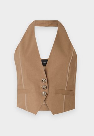Brun halterneck vest med dyp V-hals, med tre dekorative knapper og to forlommer, laget av strukturert stoff.