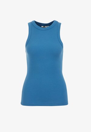 Blauwe geribbelde tanktop met een ronde halslijn en zonder mouwen. Gemaakt van rekbare stof, met een getailleerde pasvorm en een gladde textuur.