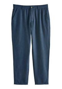 Navyblaue Hose aus glattem Stoff, mit Knopfverschluss, Seitentaschen und geradem Bein.