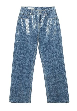 Blauwe denim jeans met een subtiele glanzende glans en een rasterachtige textuur, met voorzakken, riemlussen en een knoopsluiting.