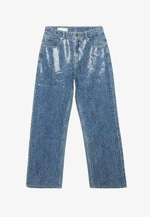 Blå denim jeans med en subtil blank glans og ristenet struktur, med forlommer, bæltestropper og knaplukning.