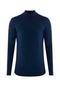 Jersey de cuello alto de color azul marino hecho de tejido suave, con mangas largas, una silueta ajustada y una textura lisa. Sin patrones ni acentos.