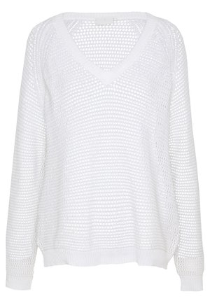 White, long-sleeve sweater with a V-neck, made of a loose, knitted fabric featuring a mesh pattern and ribbed cuffs and hem.