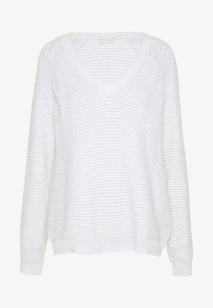 Vit långärmad tröja med V-ringning, gjord av ett löst stickat material som har ett nätmönster och ribbade muddar och nederkant.