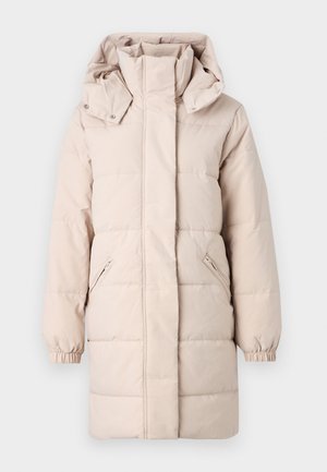 Beige Daunenjacke mit hohem Kragen und abnehmbarem Kapuzen. Verfügt über seitliche Reißverschlusstaschen und elastische Bündchen. Glatte Textur, gestepptes Design.