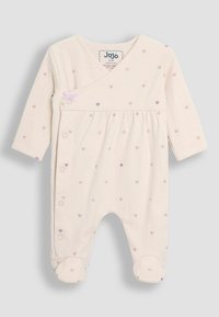 Combi-short bébé beige très clair à manches longues, avec de petits motifs de cœurs multicolores, des fermetures à pression et un design avec pieds. Matière en coton léger.