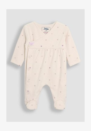 Kerge kreemjas beebi ülikond pikade varrukatega, millel on väikesed mitmevärvilised südame mustrid, nööbid ja jalatugedega disain. Kerged puuvillased materjalid.