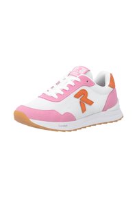 White sneaker with pink and orange accents, mesh upper, padded collar, logo on side, and gum rubber outsole. Features lace-up design.