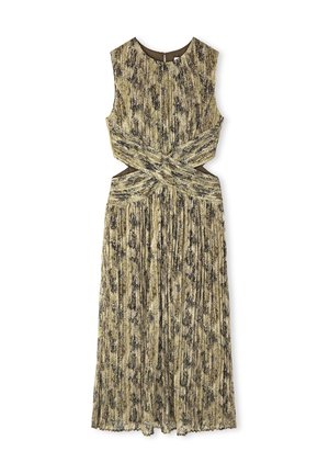 Vestido sin mangas plisado en dorado y negro con un detalle de escote cruzado y laterales cortados. Presenta un patrón sutil y un dobladillo hasta la rodilla.