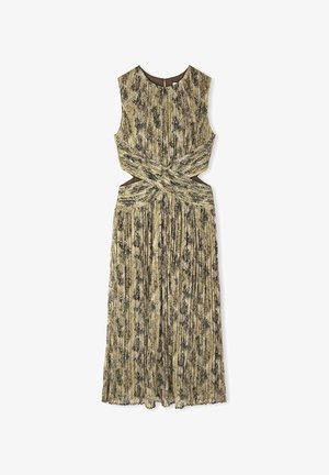 Rozkloszowana sukienka bez rękawów w złocie i czerni z krzyżującym się dekoltem i wycięciami po bokach. Posiada subtelny wzór i długości do kolan.