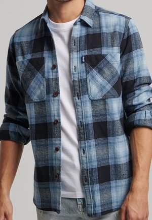 Mężczyzna w niebiesko-czarnej koszuli w kratę z długim rękawem, podwiniętymi rękawami, na białej koszulce i jasnoniebieskich dżinsach.