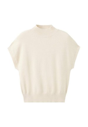 Kremasti džemper kratkih rukava s visokim polu-okruglim ovratnikom, izrađen od mekanog tkanja, s rebrastim detaljima na ovratniku i rubu.