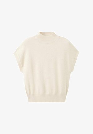 Kremasti džemper kratkih rukava s visokim polu-okruglim ovratnikom, izrađen od mekanog tkanja, s rebrastim detaljima na ovratniku i rubu.