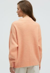 Peach knitted sweater with a relaxed fit, ribbed texture, and dropped shoulders. Back view showcases a high neckline and long sleeves.