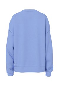 Sweat-shirt léger bleu clair à manches longues avec poignets et ourlet côtelés, vu de dos sur un fond blanc.