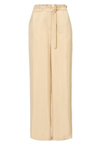 Pantaloni beige a gamba larga con vita elastica e cintura in tessuto coordinato, realizzati in tessuto leggero e morbido.