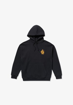 Haut à capuche noir avec une poche avant et un capuchon ajustable par cordon. Présente un motif graphique doré sur la poitrine gauche. Fabriqué en matériau doux.