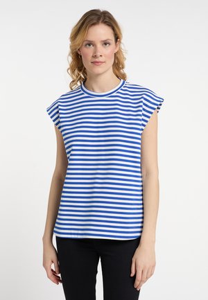 Blauw en wit gestreepte korte mouwen top met een ronde hals, gemaakt van zachte stof, met een relaxte pasvorm en zichtbare stikdetails.