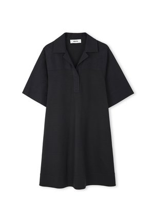 Schwarzes Polo-Kleid mit kurzen Ärmeln und einem Knopfkragen. Hergestellt aus glattem Stoff, mit einem strukturierten Kragen und lockerem Schnitt.