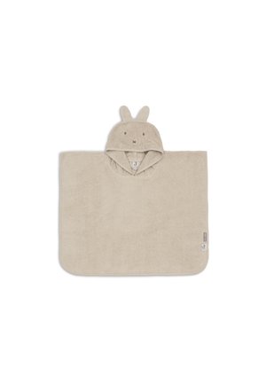 Poncho serviette à capuche pour enfants beige avec des oreilles de lapin et un visage brodé sur la capuche, rectangulaire avec des coins arrondis.