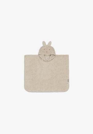 Beige children's hooded towel poncho with bunny ears and embroidered face on the hood, rectangular with rounded corners.