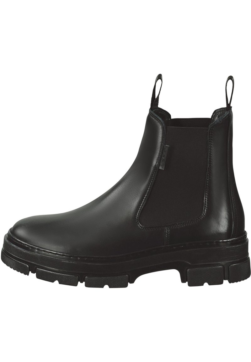 Black leather Chelsea boot with elastic side panels, rounded toe, and thick rubber sole featuring textured tread for grip.