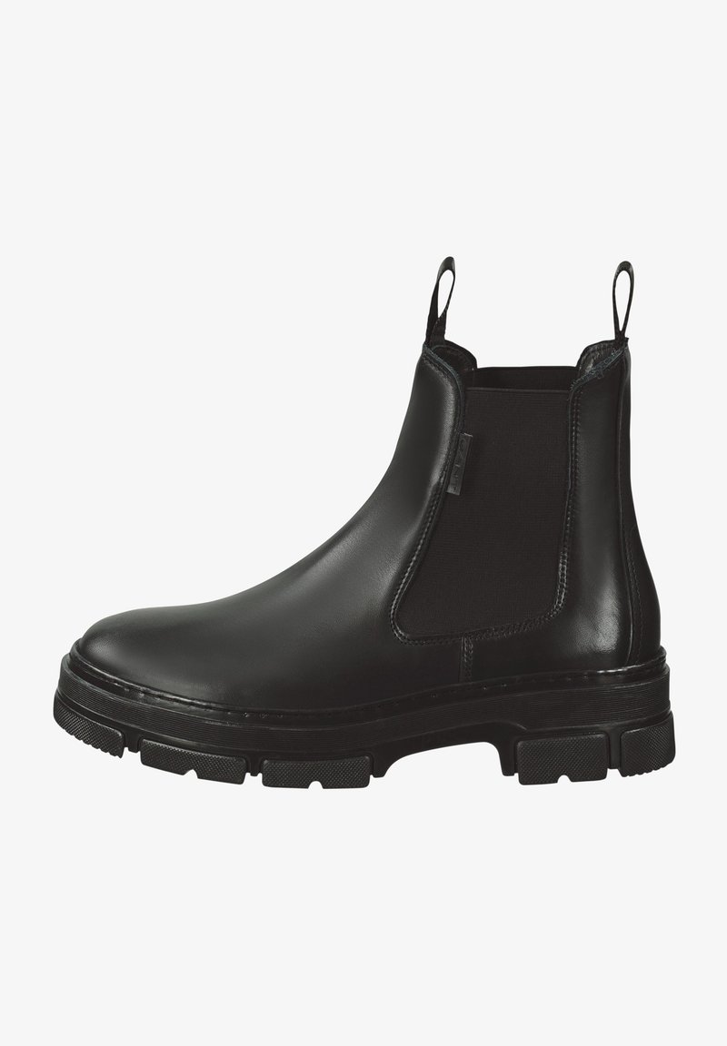 Black leather Chelsea boot with elastic side panels, rounded toe, and thick rubber sole featuring textured tread for grip.