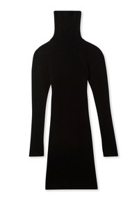 Abito a coste nere con collo alto a imbuto e maniche lunghe. Il design aderente esalta la silhouette, adatto per varie occasioni.
