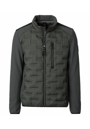 Dunkelgrüne gesteppte Herrenjacke mit hohem Kragen, durchgehendem Reißverschluss, einer Reißverschlusstasche auf der Brust und glatten Stoffärmeln.