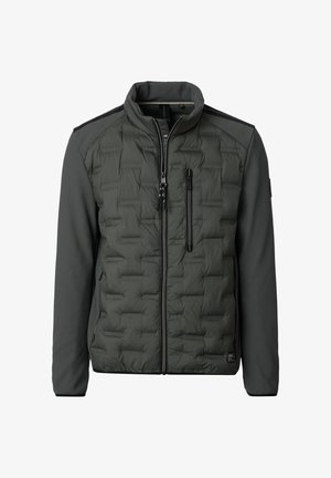 Veste matelassée verte foncée pour homme avec un col haut, une fermeture éclair sur le devant, une poche poitrine zippée et des manches en tissu lisse.