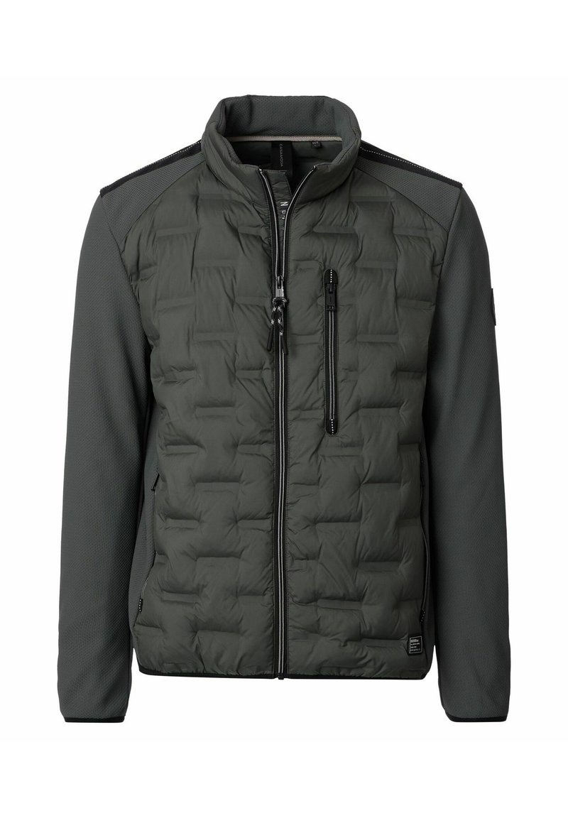 Mörkgrön, vadderad jacka för män med hög krage, fullständig dragkedja framtill, ficka på bröstet med dragkedja och släta ärmar.