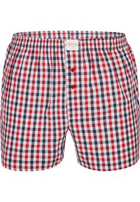 Kostičkované boxerky v červené, bílé a námořnické modré barvě s elastickým pasem, dvěma předními knoflíky a hladkým bavlněným materiálem. Obsahují boční kapsy.