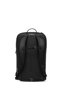 Svart Mammut-ryggsäck med vadderade remmar, platt design, justerbara stängningar och en texturerad yta. Dragkedjefack för förvaring.