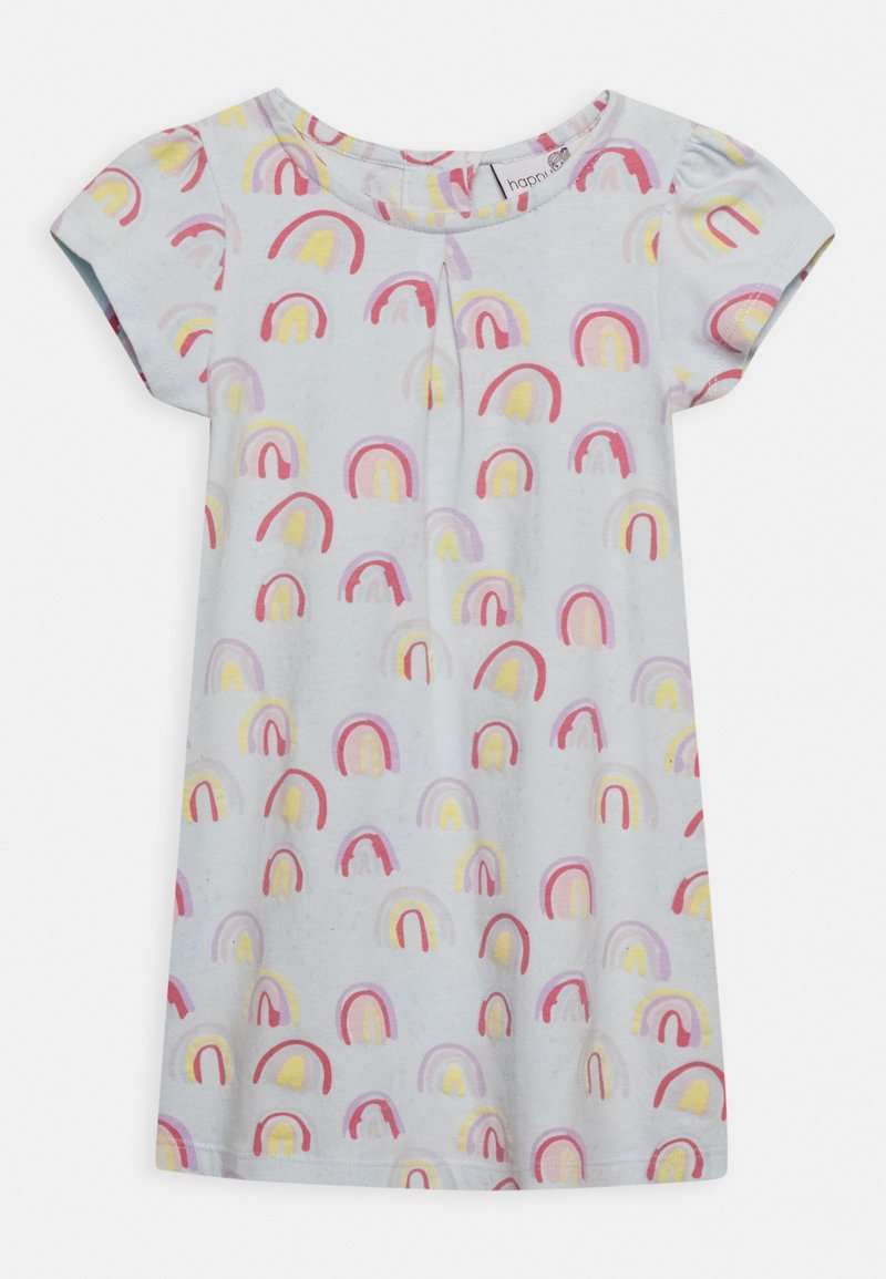 Kurzärmliges hellgraues Kleid für Kleinkinder mit rosa, gelben und lila Regenbogenmustern und einem kleinen Vorderfalten unter dem Ausschnitt.