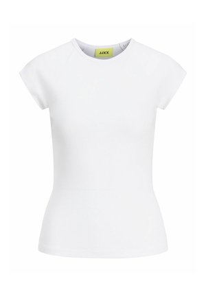 Hvid tætsiddende t-shirt med korte ærmer, rund halsudskæring og en lille synlig label inde i kraven med teksten JJXX.